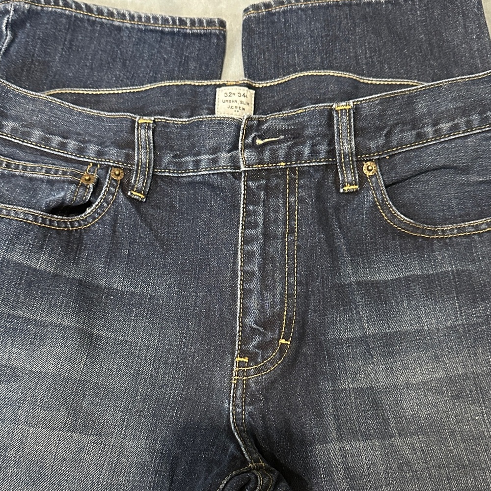 J. Crew Urban Slim Deep Blue Distressed Straight Jeans 32x34” EUC 100% Cotton